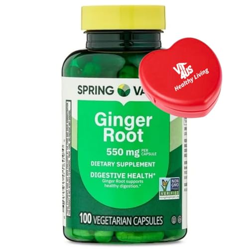 Spring Valley Ginger Root 550 mg Digestive Health Dietary Supplement Capsules 100 Count + vit4 Pill Box.