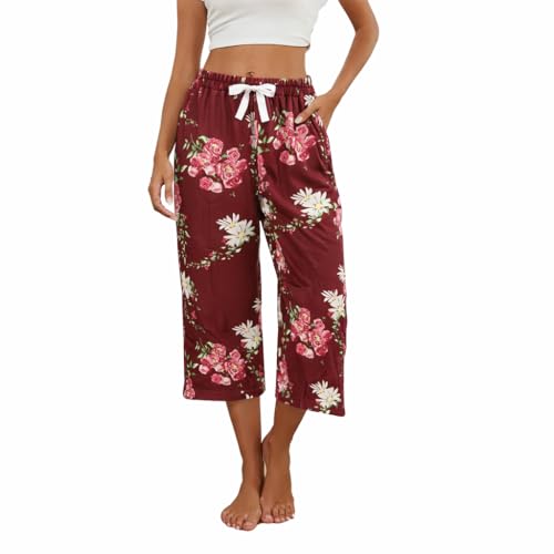 Image of Kabento 2 Pack Womens Pajama Pants Capri Sleep Lounge Pants Drawstring Pj Bottoms with Pockets