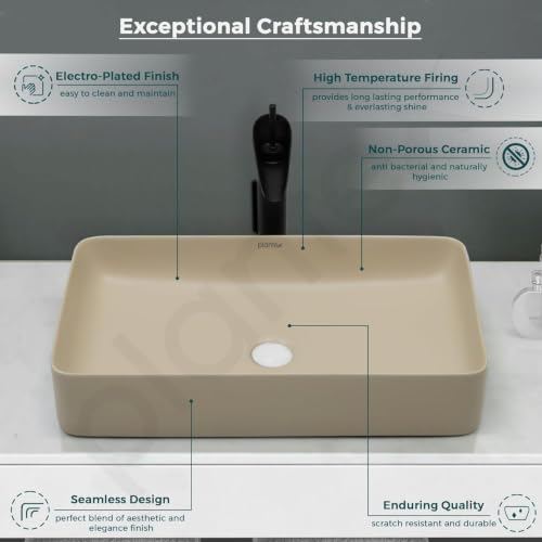 Image of Plantex Ceramic Table Top Wash Basin /Rectangle Basin for Bathroom /Over Counter Washbasin for Restaurant /Hotel (Matt Khaki, 24 x 14 x 4.5 Inch)