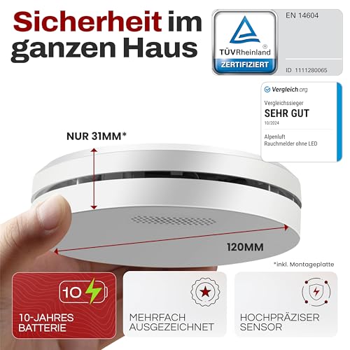 ALPENLUFT Rauchmelder 10 Jahre Batterie, Feuermelder Flach, Rauchwarnmelder, Brandmelder, | Ohne...