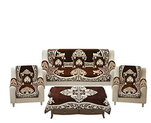 Image of Sofa Seater Slip Covers with Arm and Cushion and Table Cover - 3+2 Seater Velvet Sofa Cover Set for Single Sofa Couch - 5 Seater Sofa Seat Protector Slip and Back Covers, 2701 Coffee