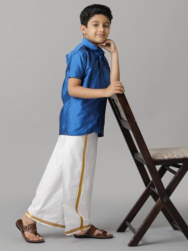 Image of RAMRAJ COTTON Boys Silk Cotton Shirt With Adjustable Cream Dhoti Perfect For Ceremonies| Festivals| And Special Occasions