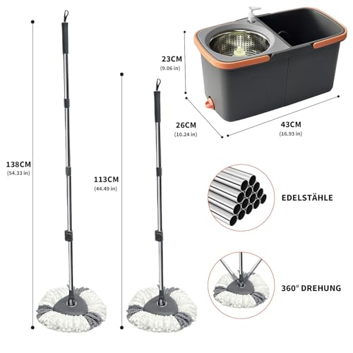 Wischmopp Set mit Eimer 2-in-1 Bodenwischer Komplettset mit 360° Drehkopf Edelstahl-Teleskopstiel & 3 waschbaren Mikrofaser-Pads faltbarem Putzeimer mit Auswringfunktion für Laminat Parkett Fliesen