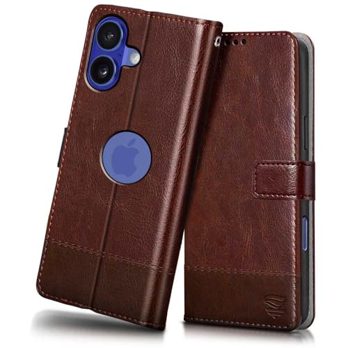 Image of FLIPPED Vegan Leather Flip Case Back Cover for iPhone 16 (Flexible, Shock Proof | Hand Stitched Leather Finish | Card Pockets Wallet & Stand | Tan with Brown)