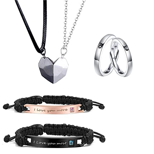 Matching Couple Bracelets Couple Rings Set Promise Rings Magnetic Couple Necklaces for Him and Her Moon Star Rings(6 pcs)