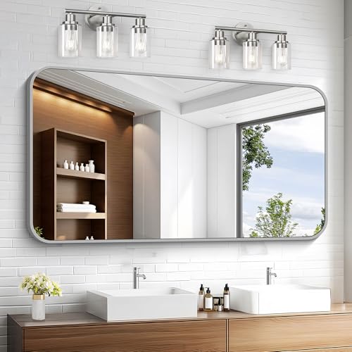 Image of KOCUUY Silver Bathroom Mirror, 30x55 Inch Bathroom Mirror for Over Sink, HD Tempered Glass, Anti-Rust Brushed Silver Frame, Rounded Corner Modern Design for Bathroom, Hang Horizontal /Vertical