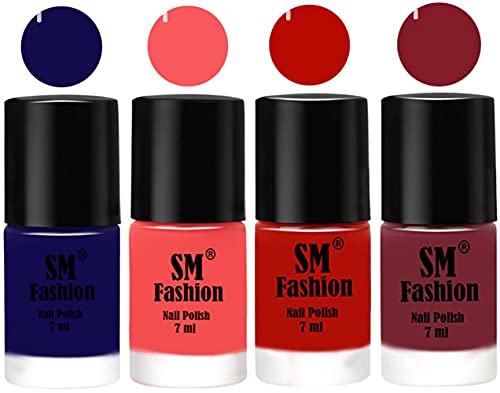 Image of Nail Polish Combo Set (Pack of 4) Quick Dry Gel Finish Nail Paint | Dark Blue,Light Pink,Red Orange,Lip | 7 ml Each