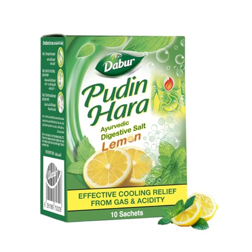 Dabur Pudin Hara Lemon Fizz Ayurvedic Digestive Salt - 10 Sachets | Lemon Flavoured| Effective Cooling Relief From Gas & Acidity