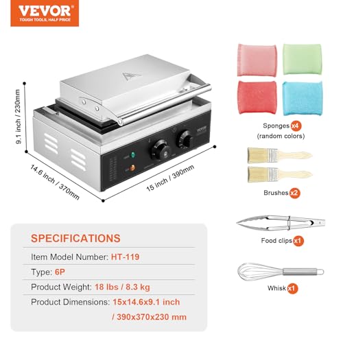 VEVOR Commercial Waffle Stick Maker, 6PCS 1500W Waffle Baker Machine, Non-Stick Stainless Steel Corn Hot Dog Waffle Iron with Temp and Time Control, Handle, for Restaurant Bakery Snack Bar Family