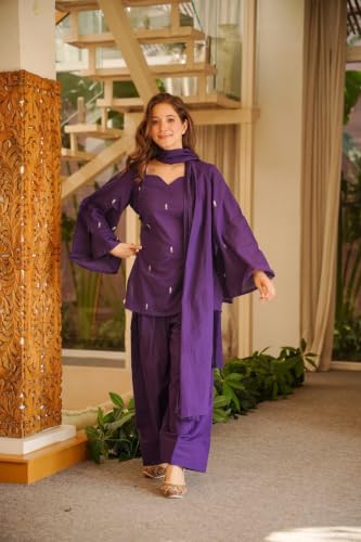 Image of ANNI Designer Women's Cotton Blend Embroidered Straight Kurta with Farshi Salwar and Dupatta | Ethnic Kurta Set for Women Stylish Indian Outfit Designer Suit Set Ethnic Clothing Collection
