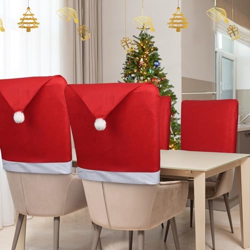 JaBrand 4pcs Christmas Chair Covers, Red Chair Back Cover Fabrics Santa Claus Hat Slipcover for Xmas Decor Dining Room Holiday