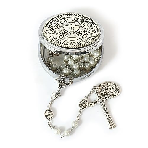 Nazareth Store First Communion Rosary - 6mm Glass Pearl Prayer Beads - Silver Plated with Chalice Medal - Metal Gift Box Included - Communion Gifts for Girls (White)