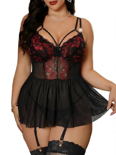 Image of Alrovetoney Plus Size Lingerie For Curvy Women Ruffle Lingerie Set Sexy Lace Lingerie Set Garter Belt With Stockings
