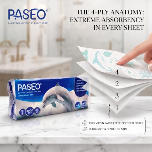 Image of PASEO Dolphin 4-Ply Toilet Tissue Paper Roll | 10 Rolls, 200 Pulls, 800 Sheets each | Ultra Soft, Highly Absorbent & Gentle on Skin | OBA Free | 100% Virgin Paper