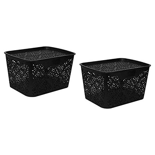 Image of Cutting Edge Essentials Plastic Storage Baskets /Shelf /Turkish Rack with Lid - Set of 2 for Fruit Vegetable Bathroom Stationary Home Basket with Handle (Black, Large)