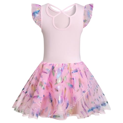 Phineein Girls' Flutter Sleeve Criss-Cross Back Dance Leotard with Dress Cutout Back