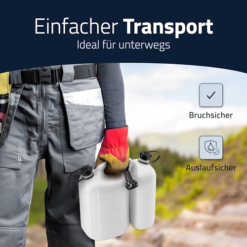 hünersdorff 824900 ECO / Doppelkanister / Kombikanister für Kraftstoff und Öl mit zwei Einfüllsystemen, 5,5 + 3 Liter, UN-Zulassung, Made in Germany, weiß