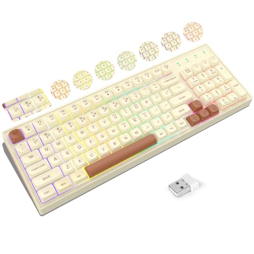 KOLMAX BK98 Wireless Gaming Keyboard, Dual Mode 2.4G/Bluetooth Gaming Keyboard,RGB Backlit Ergonomic 98 Keys PBT Mechanical Feeling Wireless Keyboard for Office Windows Mac PC Gamer(Retro Brown)