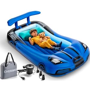 Inflatable Kids Travel Bed with Safety Bumpers, Portable Racecar Toddler Air Mattress with Electric Pump, Toddler Blow Up Mattress for Travel, Camping, Sleepovers&Vacation, Gift for Kids