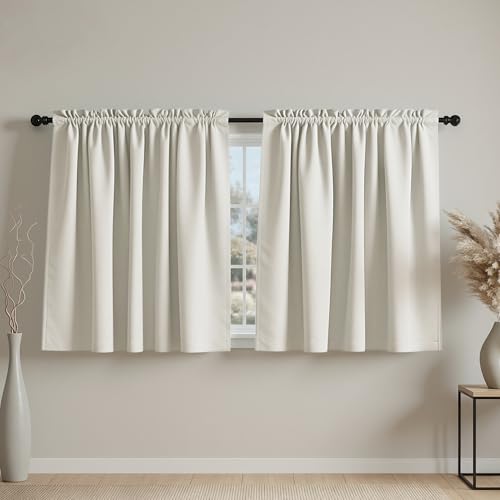 Mrs.Naturall Short Curtains for Windows, 36 Inch Length x 52" Extra Wide for Fullness, Room Darkening 80% Blackout Cream Colored Curtains for Bedroom