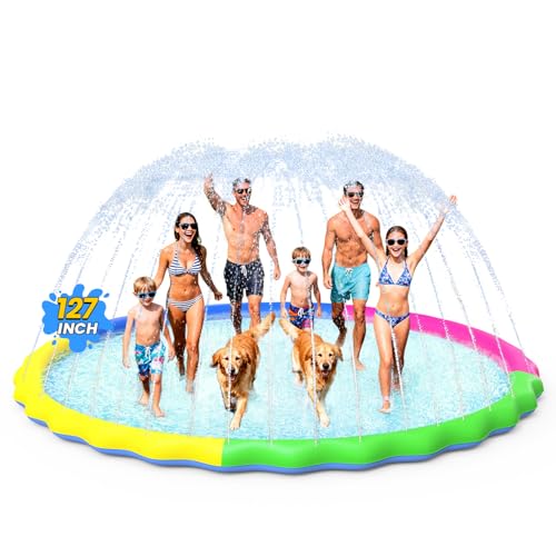 Image of VISTOP Non-Slip Splash Pad for Kids and Dog, Thicken Sprinkler Pool Summer Outdoor Water Toys - Fun Backyard Fountain Play Mat for Girls Boys Children or Pet Dog (127 inch, Red&Yellow&Green&Blue)