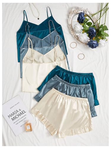 GORGLITTER Women's 6 Piece Lounge Set Satin Cami Top Shorts Pajama Sets2
