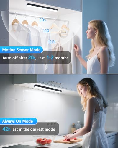 Image of Ferswe Under Cabinet Lights Rechargeable, Battery Level Display, 60 LED Motion Sensor Cabinet Light, Dimmable Touch Control, Under Counter Lights for Kitchen, Closet, Cupboard(2 Pack)