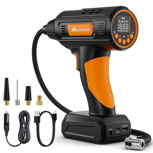 Motorenbau Auto Compressore Aria Portatile Pompa per Pneumatici con Luce LED, Auto Stop, Adatta per Auto, Moto,Biciclette,Basket con manometro