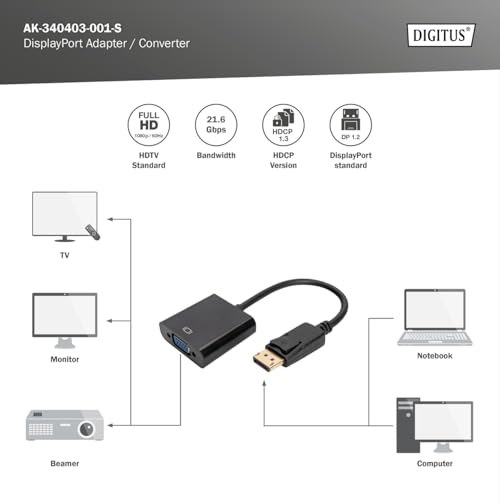 DIGITUS Adapter graficzny DisplayPort, DP do VGA, Full HD 60Hz, 1920 x 1080 pikseli, czarny
