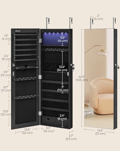 Image of SONGMICS Hanging Jewelry Cabinet, Wall-Mounted Cabinet with LED Interior Lights, Door-Mounted Jewelry Organizer, Full-Length Mirror, Gift Idea, Ink Black UJJC099B01