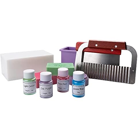 Kalawen Sopa Making Kit with Soap Base(2.2 LB), Silicone Soap Loaf Mould,Mica Powder 4 Colour for Soap Dye for Soap Making Supplies, Stainless Steel Wavy and Straight Scraper for Making Handmade Soap Cover