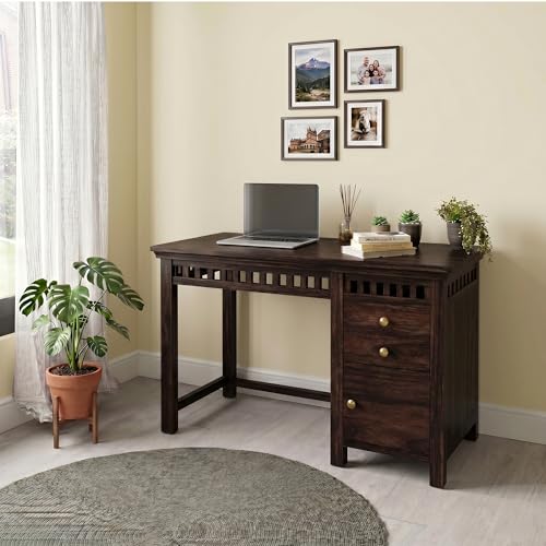 Image of SONA ART & CRAFTS Sheesham Wood Study Table for Home | Wooden Study Table with Side Storage Shelf | Multi Purpose Computer Desk for Writing | DIY Laptop Table for Study Room & Office | Walnut Finish