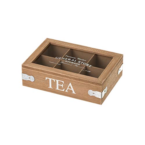 LOLAhome Caja de té de Madera y Cristal Beige de 7x16x24 cm