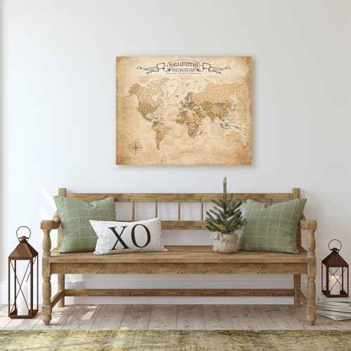 Image of DECORARTS - World Travel Map with Pins, Pin Board Canvas Wall Art, Antique Vintage Old World Maps for Wall, Giclee Print on Canvas, Handcrafted in USA, 20x16''