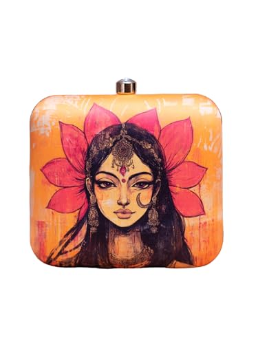Image of Artklim Printed Box Clutch for Girls - Cross Body Purse with Detachable Golden Chain Strap