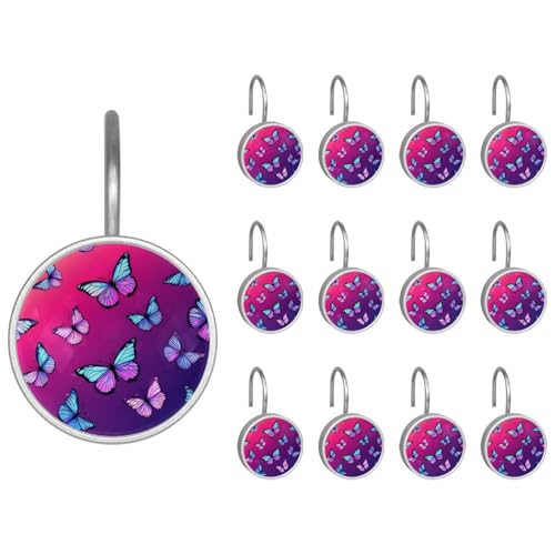 12pcs Glass Shower Curtain Hooks, Rust Resistant Decorative Shower Rings for Bathroom Living Room,Stainless Steel Hooks for Shower Curtain and Liner Rods (Neon Purple Butterflies)
