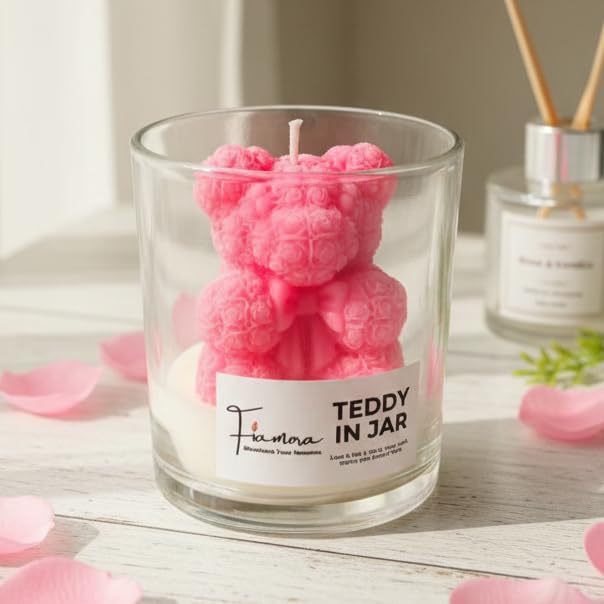Image of Adorable Pink Teddy Bear Scented Jar Candle | 3D Bear with Heart in Glass | Classic Rose Fragrance | Hand-Poured Soy Wax | Perfect Diwali Gift, Birthday Gift for Girlfriend, Cute Home Decor