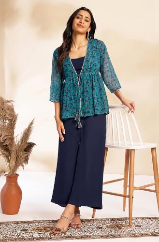 Image of Janasya Women's Solid Shoulder Strap Crop Top with Trouser & Chiffon Floral Printed Shrug