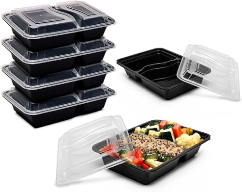 Image of (50 Pack, 32oz) 2 Compartment Plastic Meal Prep Containers - Reusable BPA Free Food Containers with Airtight Lids - Microwavable, Freezer and Dishwasher Safe
