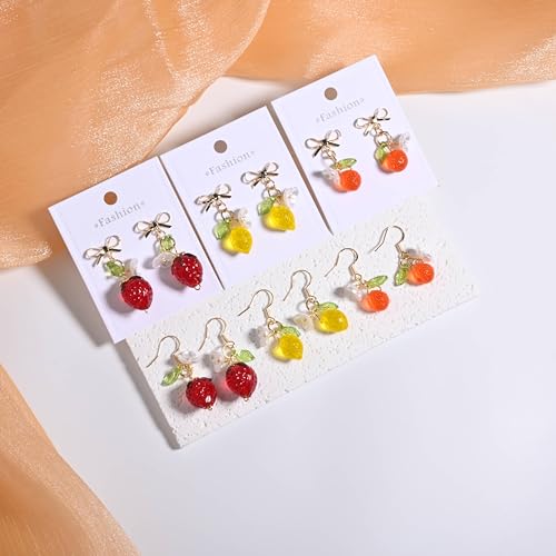 Strawberry Lemon Peach Pomegranate Dangle Earrings, Cute Fruit Bow Studs Hook Earrings, Dainty Fruity Jewelry For Strawberry Festival B-Day Party Cosplay3