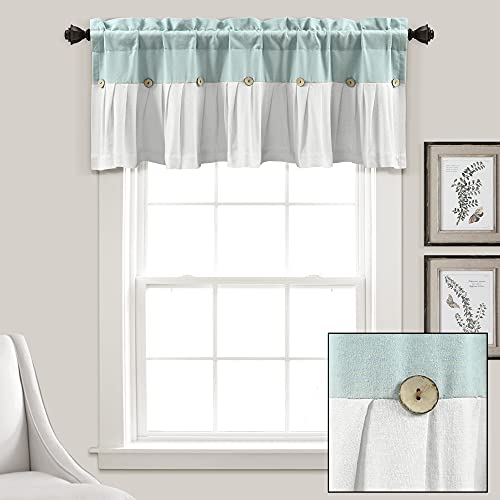 Lush Decor Linen Button Farmhouse Valance, 52" W x 18" L, Blue & White - Kitchen Curtains Valances, Rustic Color Block Design With Husk Button - Image 6