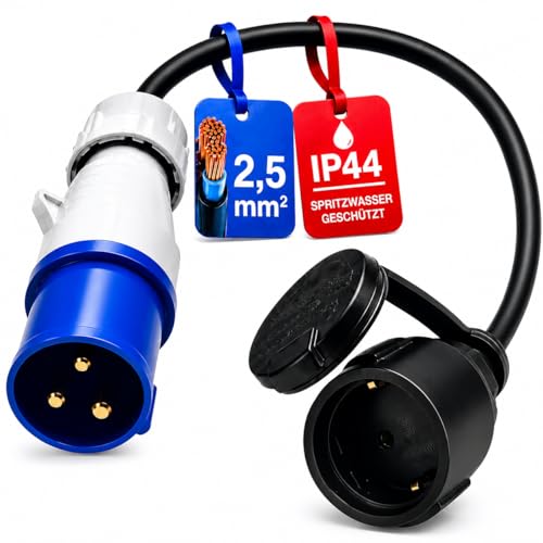 CEE Kabel Adapter Stecker auf Schutzkontakt-Kupplung IP44 Electraline spritzwassergeschützt I H07RN-F 3G2 5 / 16A für Camping Caravan und Wohnwagen etc