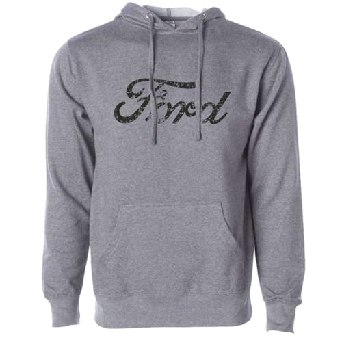 Detroit Shirt Company Ford Script Logo Hoodie Heather Grey Distressed Print Officially Licensed Ford Sweatshirt Supersoft 50/50 Cotton Blend(M)