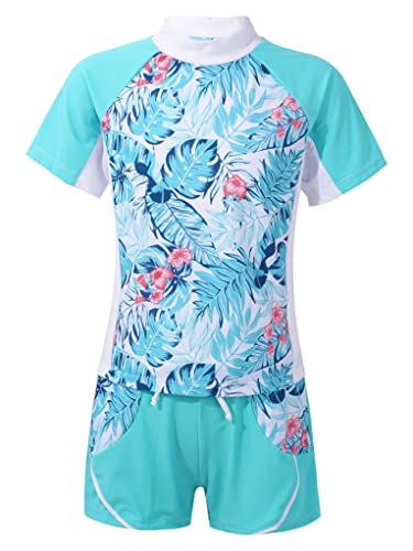 TTAO Girls 2-Piece Rash Guard Swimsuit Set Short Sleeves Tank Top with Bottom Boyshorts Bathing Suits