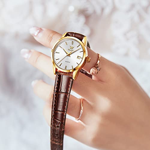 Elegant Brown Leather Women's Quartz Watch with Small Gold and White Dial, Waterproof Date Feature, Perfect for Casual and Dress Occasions - Image 9