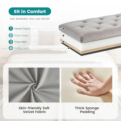 Image of Virabit Velvet Storage Ottoman Bench for Bedroom, End of Bed Bench with Button, Organizer Storage Chest, Upholstered Foot Rest with Legs, Load up to 400 lb, for Bedroom, Living Room, Entryway, Grey