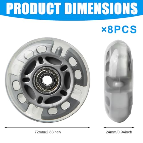 Inline Skate Wheels 72mm 8 Stück LED Inline Skates Rollen mit Kugellager Erwachsene Kinder Verschleißfest Leise Silber Transparent