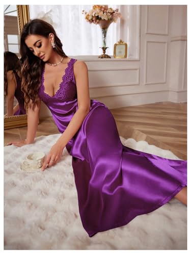 Image of WDIRARA Women's Satin Sleepwear Nightgown | Lace, Backless, Deep V Neck, Sleeveless, Long