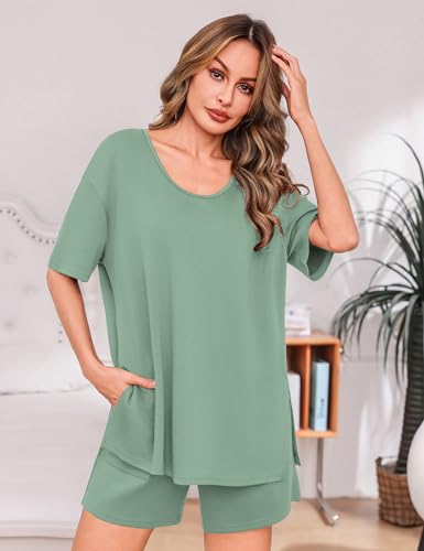 Totatuit Women's Casual 2 Piece Short Sets Oversized Slit Hem T-Shirt and High Waisted Shorts Pajama Set Soft Loungewear for Vacation Sage Green Medium — view 3