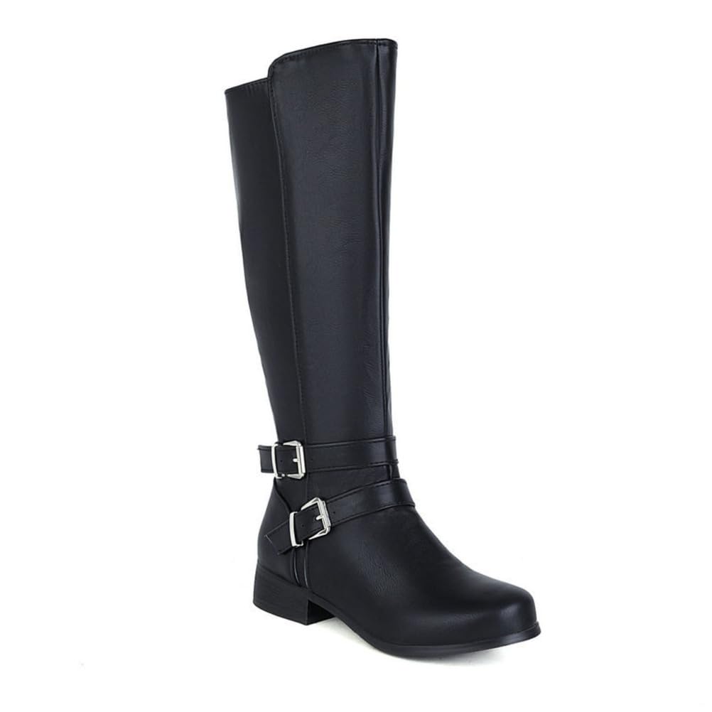 Womens Round Toe Brown Knee-High Boots With Chunky High Heel Wide Fit Buckle Decor Winter Knight Outdoor Party